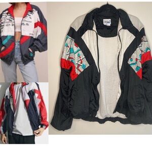 Vintage 80’s Memphis style black white red & teal warm up windbreaker jacket